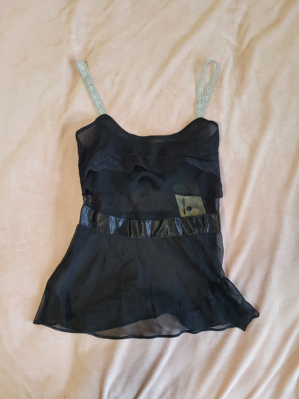 Free People Black Sheer Ruffle Camisole with Metallic Straps